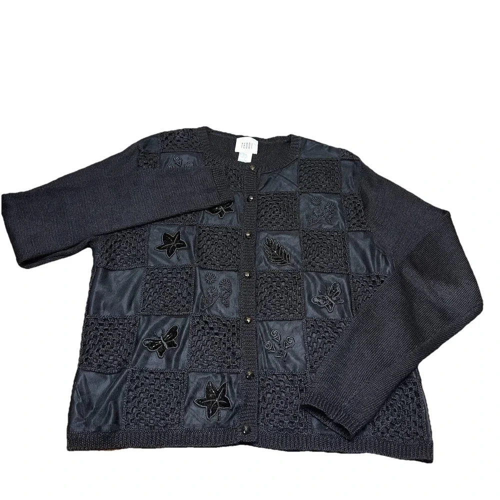 Vintage 90's Teddi‎ Button-Up Cardigan Sweater Black 3D Embroidered Women's L - Picture 2 of 11